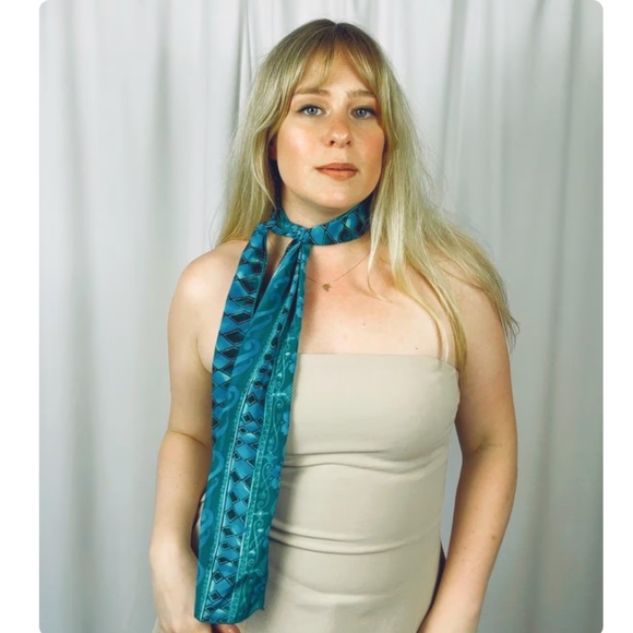 Vintage Teal + Black Floral Geometric Printed Long Rectangle Neck Scarf - Picture 1 of 10